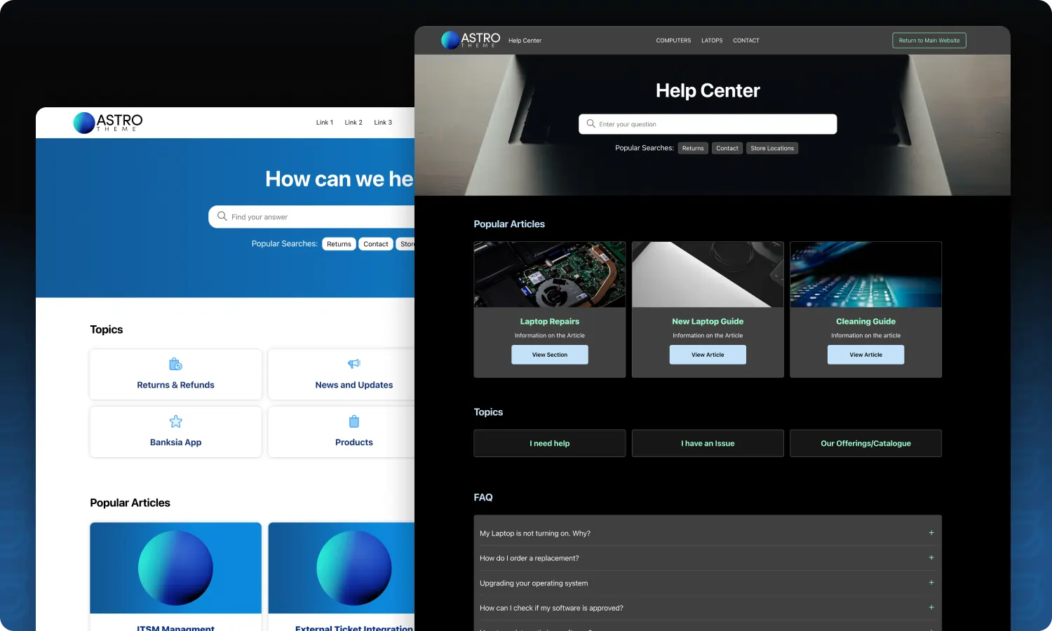 a preview of the homepage in a dark and light mode